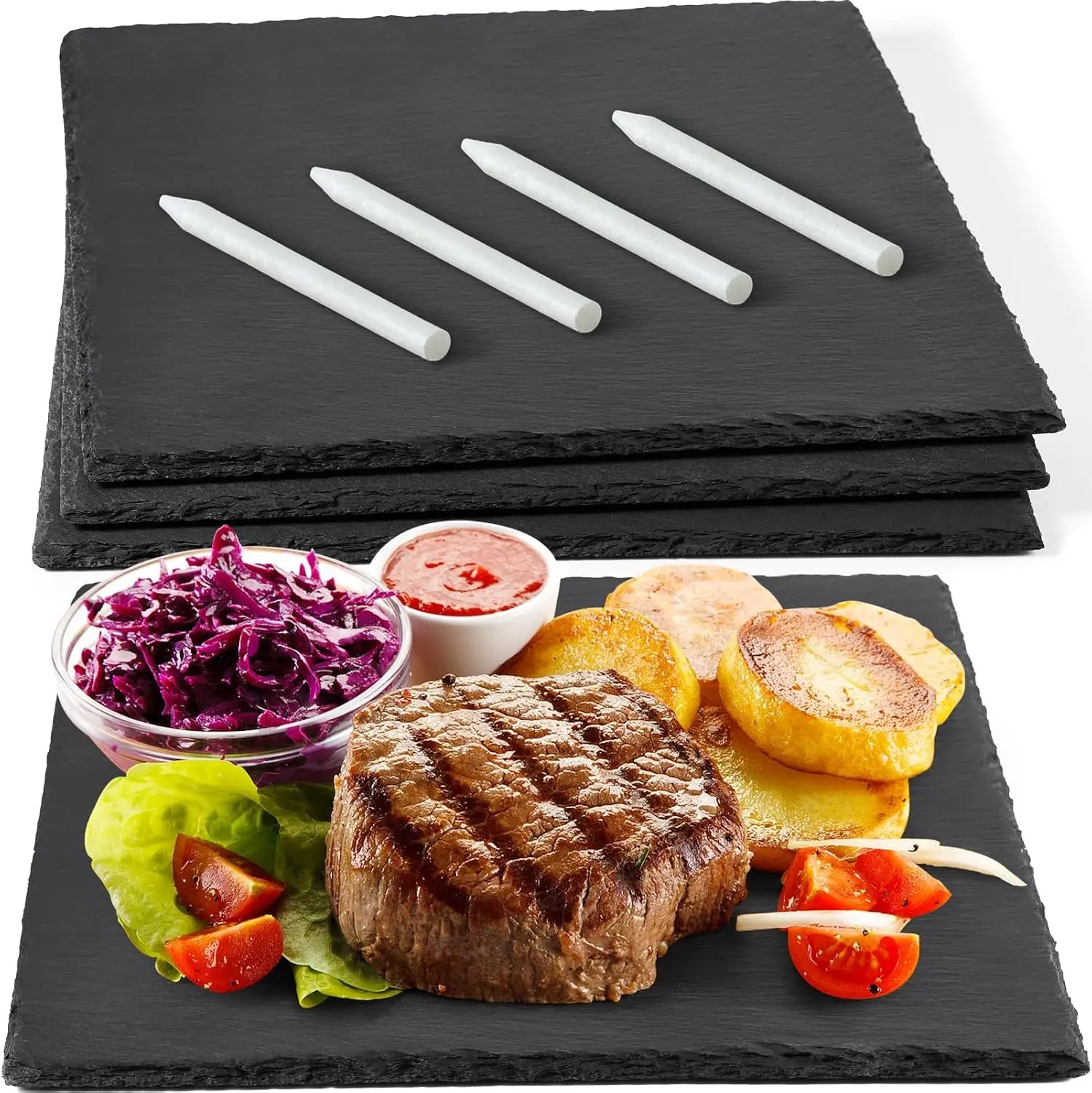 12x12 Inch Set of 3 Large Slate Cheese Board, Charcuterie Boards Stone Slate Plates, Laser Engraving Blanks for Meat Fruit Appetizers Sussi Party Wedding Housewarming Gifts, Square