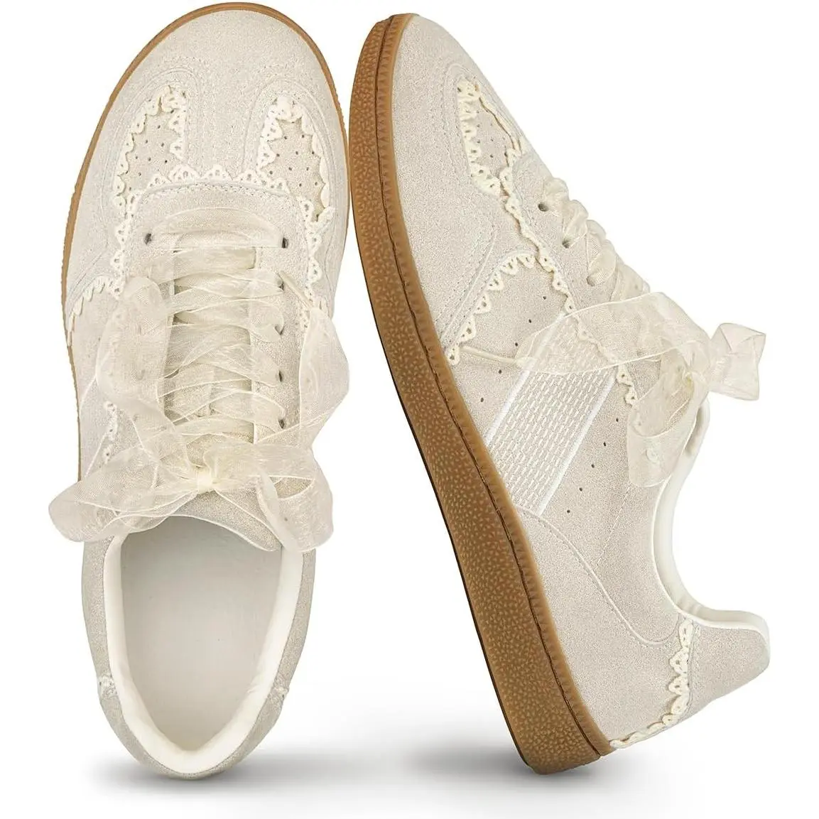 Women's Elegant Leather Sneakers - Ribbon Laces, Round Toe, Memory Foam Insole, Casual Walking Athletic Wear Shoes with Elegant Look