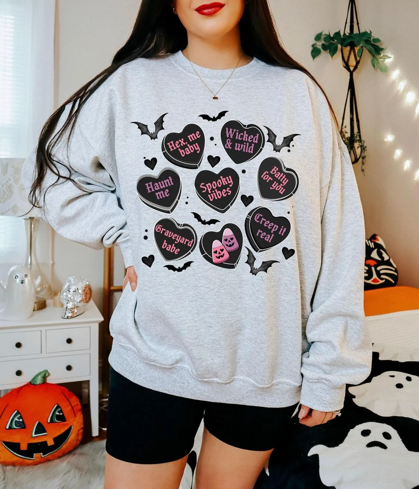 [Sale off up to 50%] Spooky Valentines Hearts and Bats Sweatshirt, Valloween Sweatshirt, Vampire Valentines, Valentines sweatshirt, conversation heart shirt