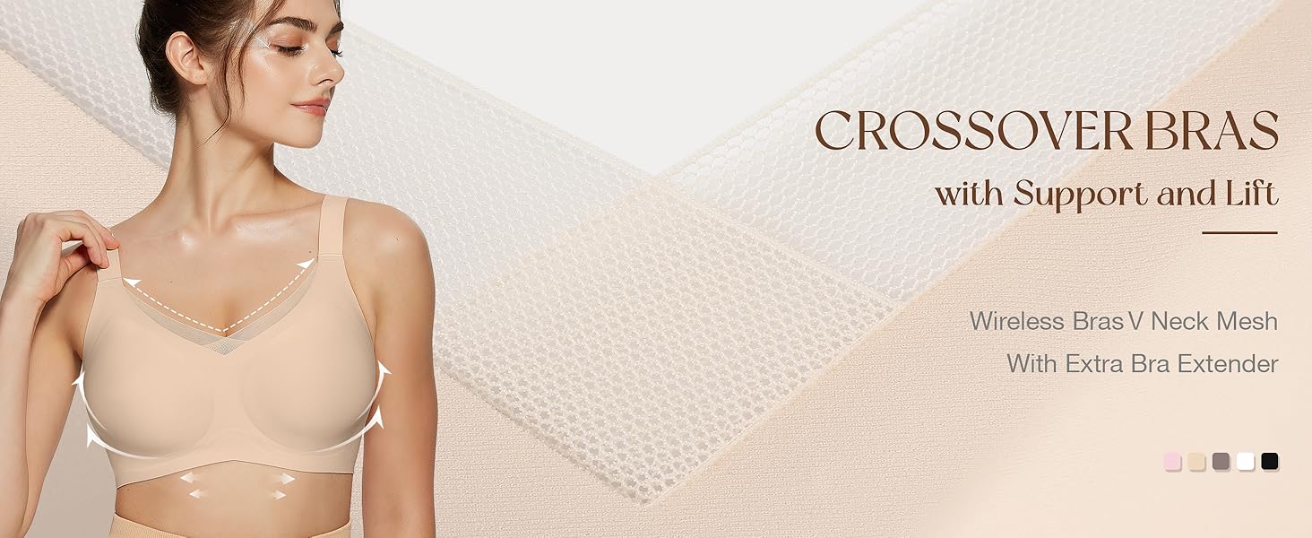 OEAK 2PCS Women Wireless V Neck Crossover Mesh Jelly Bras Comfortable Bralette Supportive Tshirt Bra No Underwire Seamless Push Up Everyday Bras