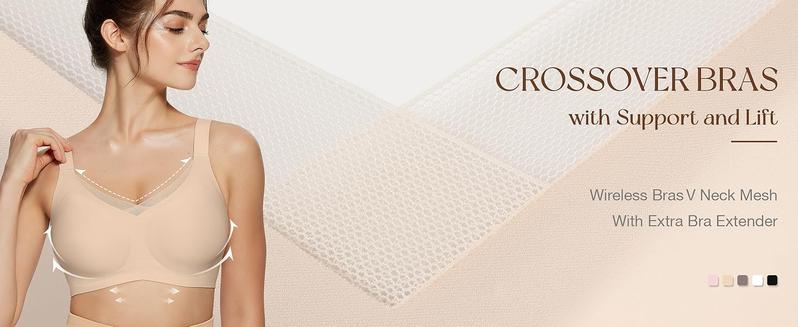 OEAK 2PCS Women Wireless V Neck Crossover Mesh Jelly Bras Comfortable Bralette Supportive Tshirt Bra No Underwire Seamless Push Up Everyday Bras