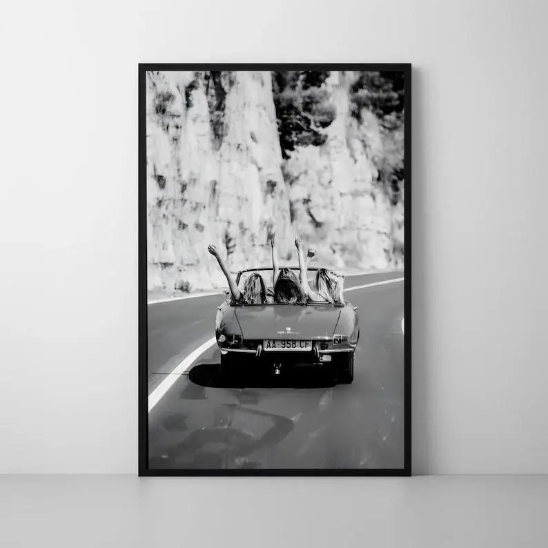 Black White Convertible Car Road Trip Poster, Girls Trip Wall Art ,Product without frame