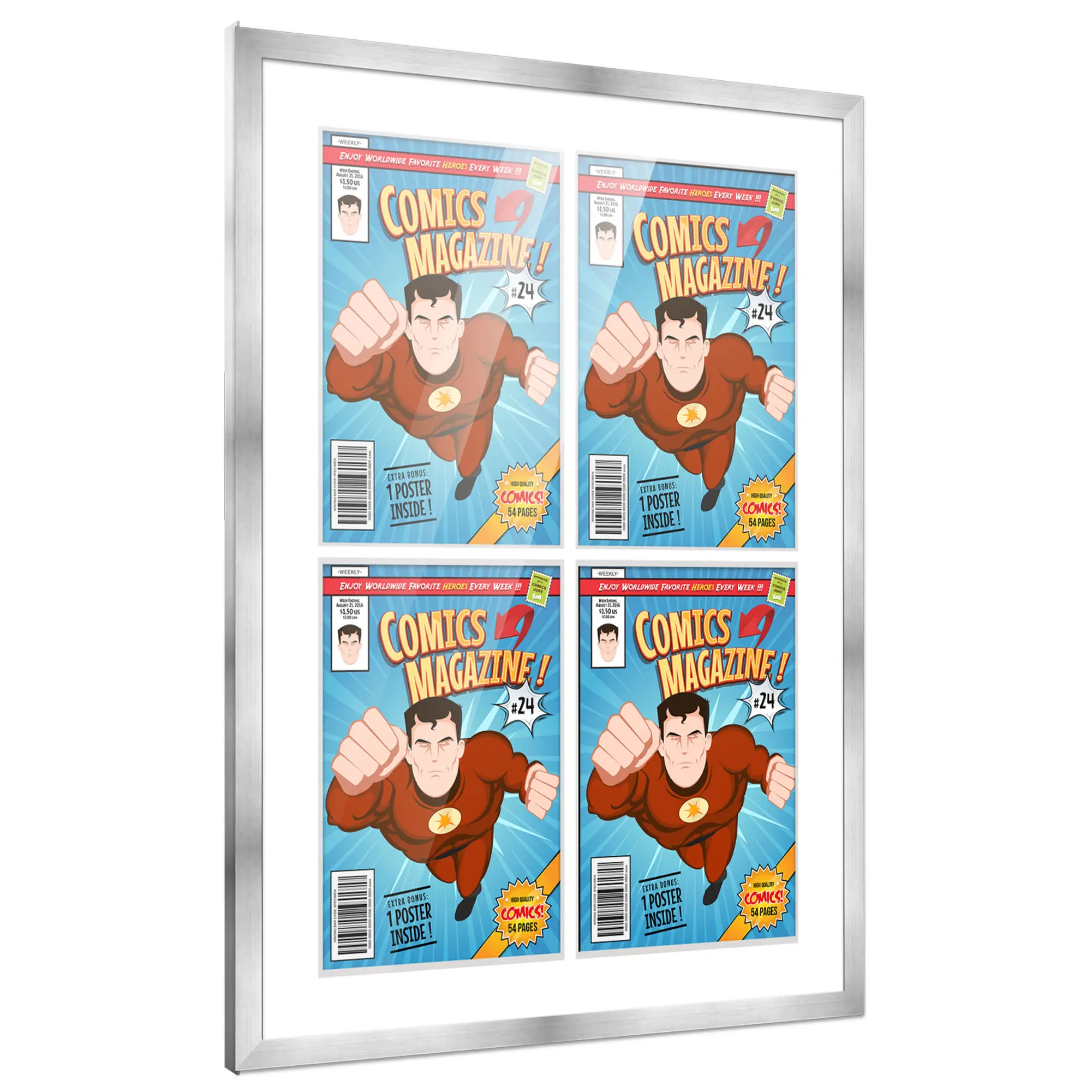 Comic Book Frame with Mat for 4 Bronze Age Comics Published Between 1970 and 1985 - Silver Wood Comic Frame With White Mat for 7.25x10.5 Comics - 20x25.5 Frame Size