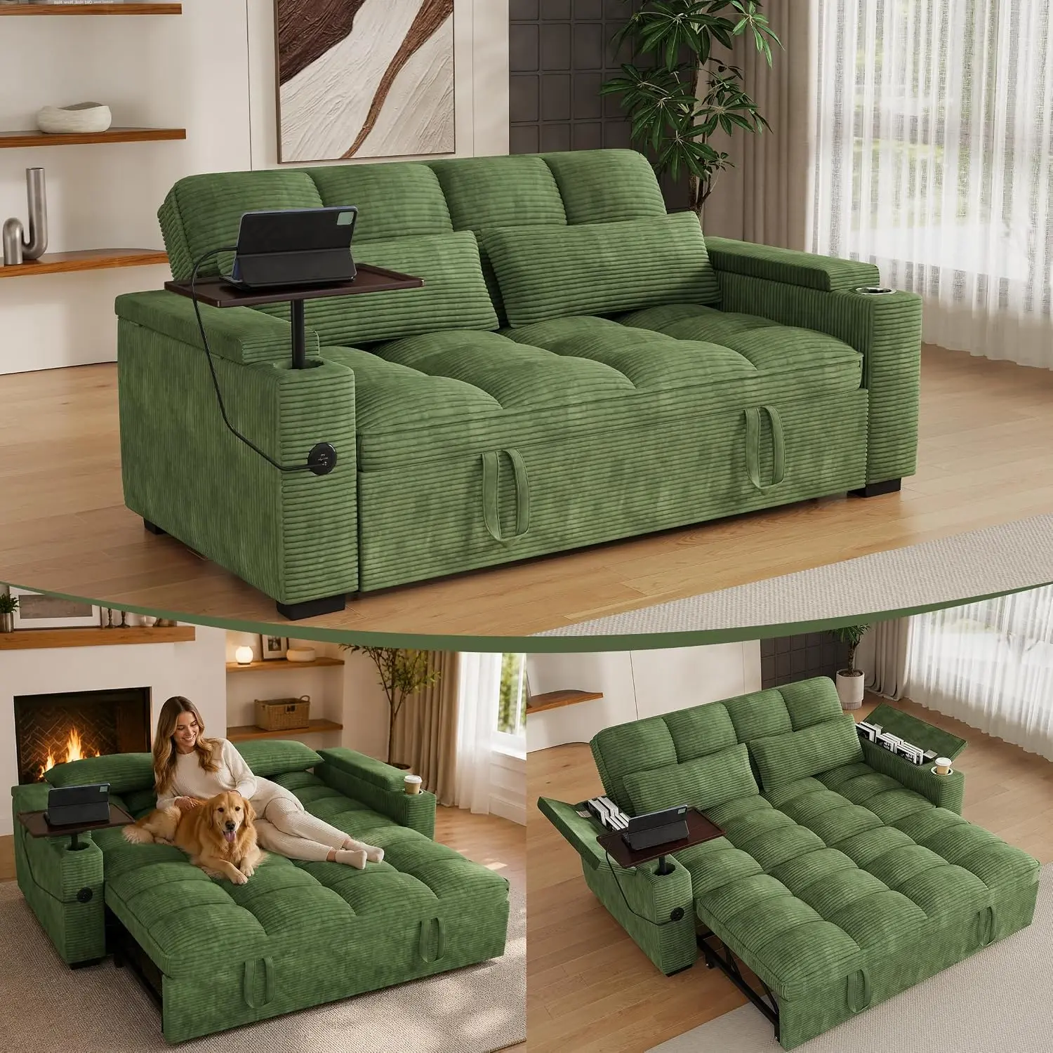 65" Modern Corduroy 3-in-1 2-Seater Convertible Sofa Bed Loveseat Sleeper, Pull-Out Bed, 360° Swivel Side Table, USB Ports, Small Living Room Indoor Furniture