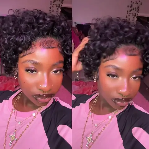 ShowRealHair Wig 13x1 Pixie Cut Lace Wig Short Curly Human Hair Ombre Blonde NaturalTangle-Free Durable Wig for Women