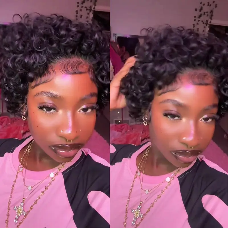 ShowRealHair Wig 13x1 Pixie Cut Lace Wig Short Curly Human Hair Ombre Blonde NaturalTangle-Free Durable Wig for Women