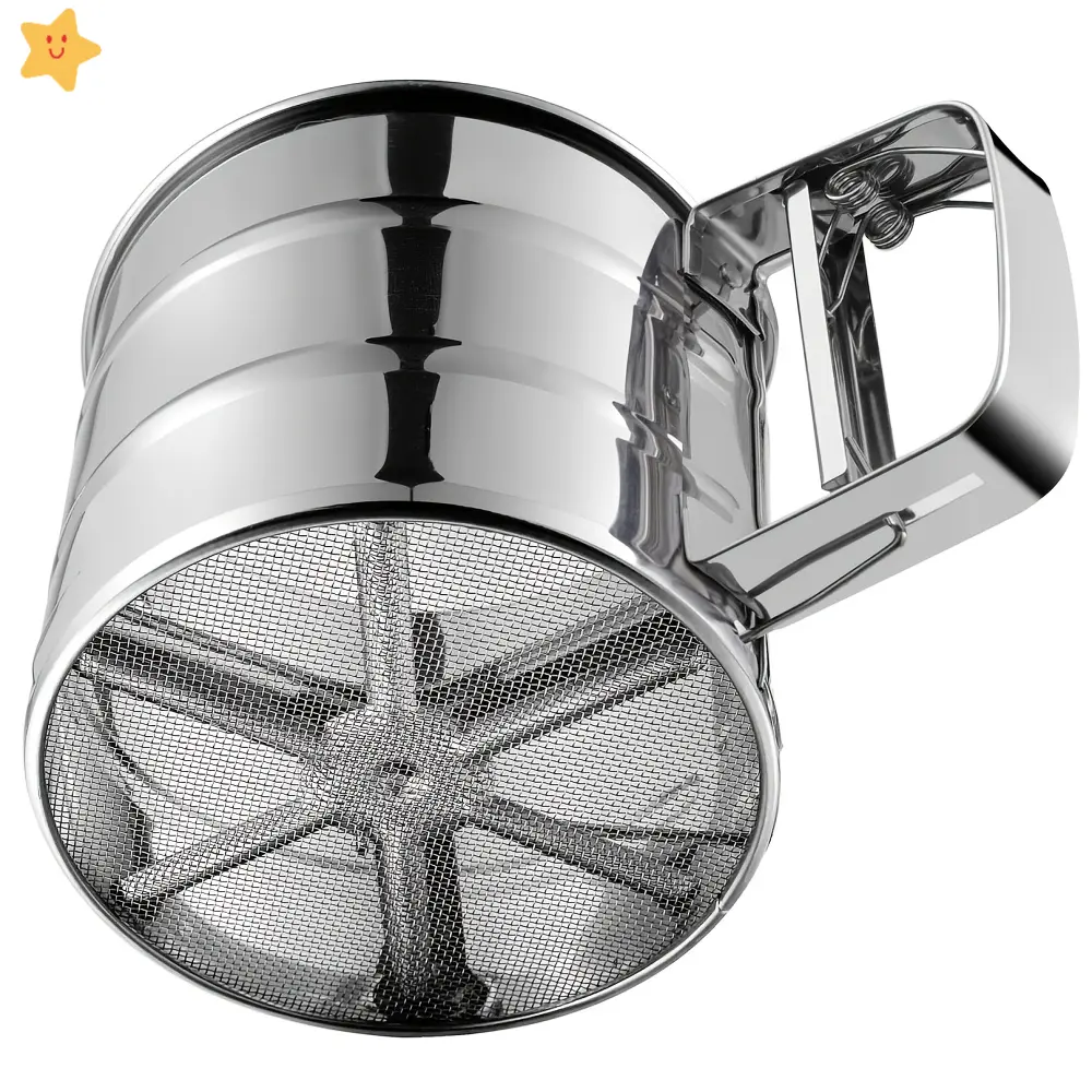 Double Layer Fine Mesh Stainless Steel Flour Sifter One Hand Press Crank Powdered Sugar Shaker Duster for Baking Cakes and Holiday Baking Sieve