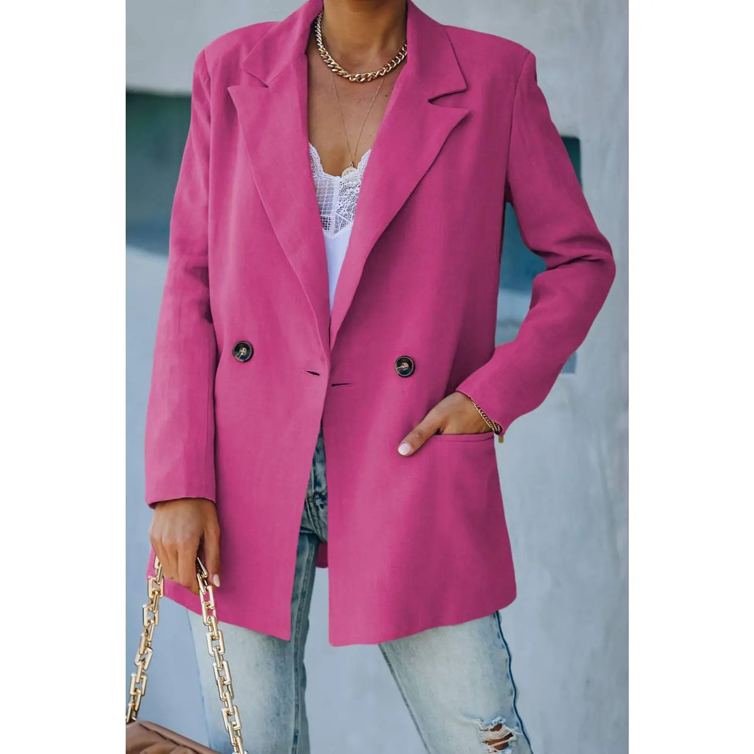 Double-Breasted Padded Shoulder Blazer with Pockets