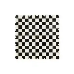 Black & White Checkered Scalloped 9” Square Dinner Plates –  (8pcs)