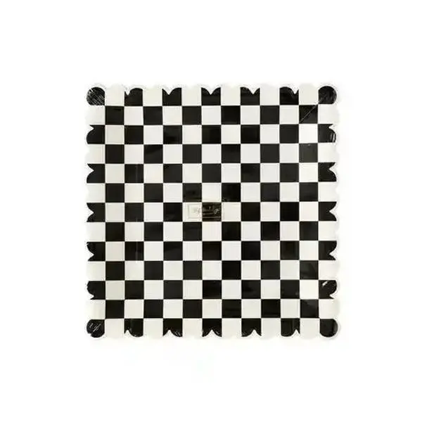 Black & White Checkered Scalloped 9” Square Dinner Plates –  (8pcs)