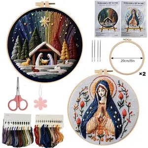DIY Christmas Nativity Manger Embroidery Kit, Hand Embroidered Cotton Blend Needlework Set with Embroidery Thread and English Guide, Handmade Gifts Holiday Decor