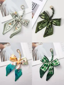 European and American Style Bow Bag Charm, Geometric Pattern Keychain Pendant, All-Season Silk Scarf Weaving Accessory