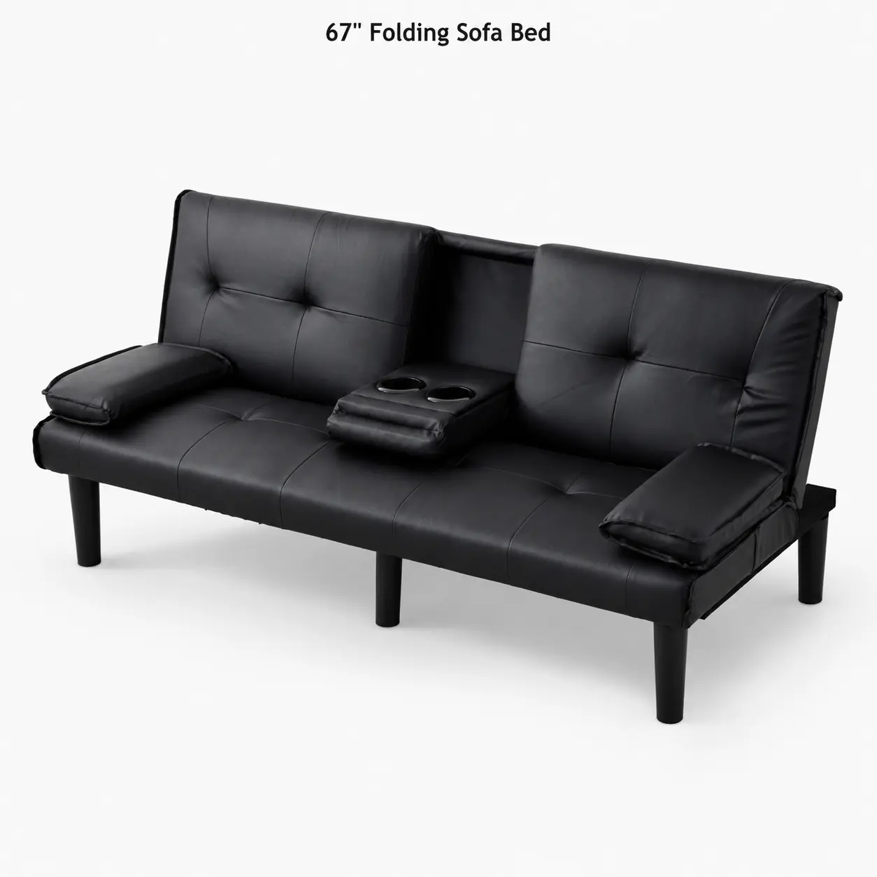 67 Inch PVC Folding Sofa Bed with Cup Holder Multi Use Convertible Sleeper Chair Black Leather Look Sofa for Living Room Home Office Guest Room