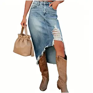 Women's High-Rise Asymmetrical Ripped Slit Denim Midi Skirt - Country Western Style, Distressed Hem, Frayed Edging, Casual Bottoms, High-Rise Ripped Skirts, Country Western Skirts