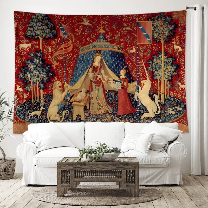 1PC Large Medieval Renaissance Floral Tapestry with Lions Wall Art Tapestry for Bedroom,Living Room,Office,Party or Room Decor Extra Large 59x51inch Polyester Tapestries with Free Installation Package Decor As Best Gift for Christmas and Housewarming