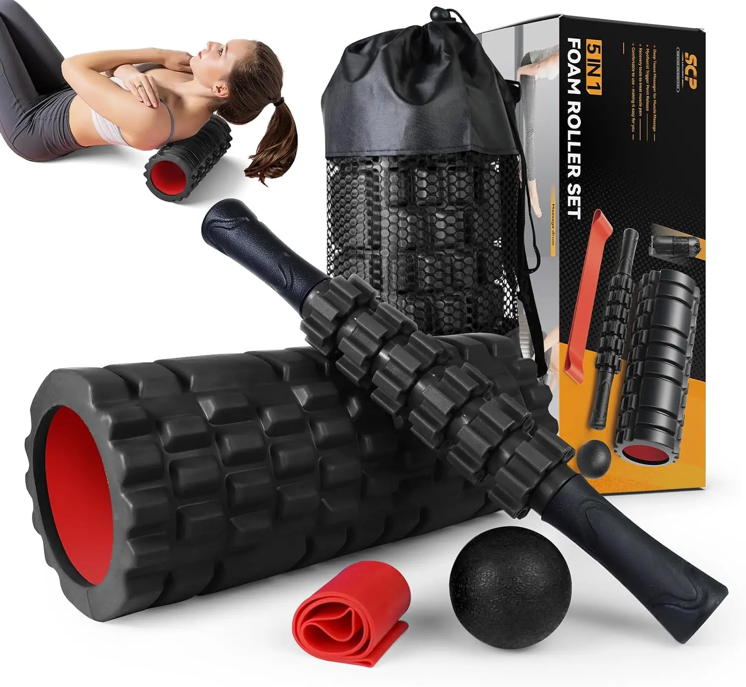 5 in1 Foam Roller Set, Trigger Point Foam Roller Deep Tissue| Massage Roller Stick, Massage Ball, Resistance Band for Physical Therapy, Pilates Yoga,Fitness Exercise for Whole Body Black