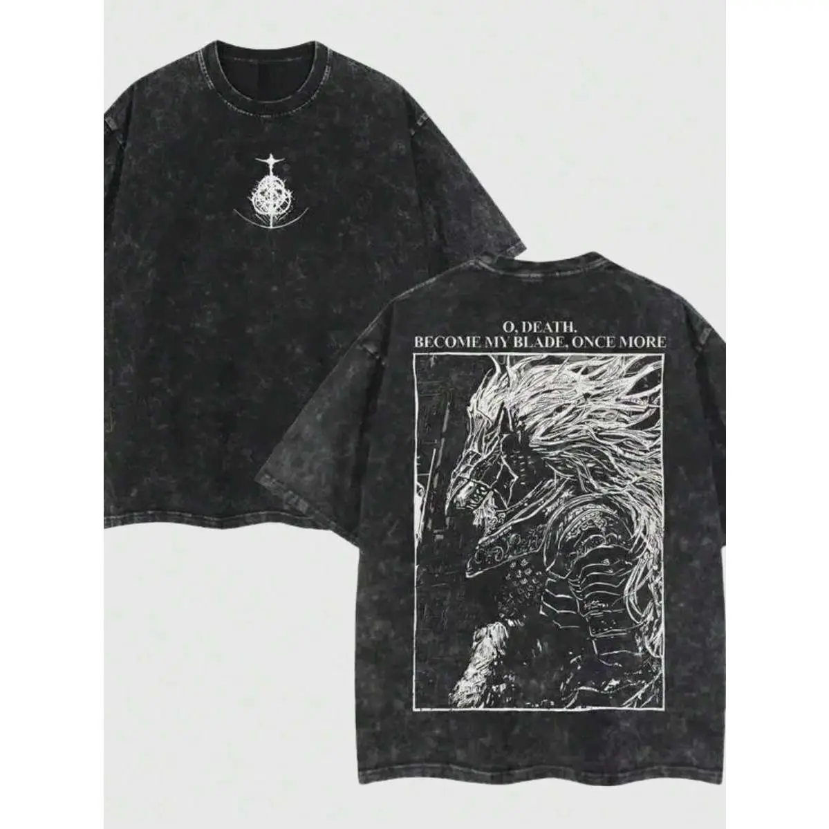 Unisex Crew Neck Short Sleeve T-shirt For Men Women, Vintage Washed Oversized Dark Fantasy Graphic Tee, Elden Ring Maliketh Double Sided Print Streetwear Top, Soft Cotton Loose Fit T-shirt For Outdoor Daily Wear