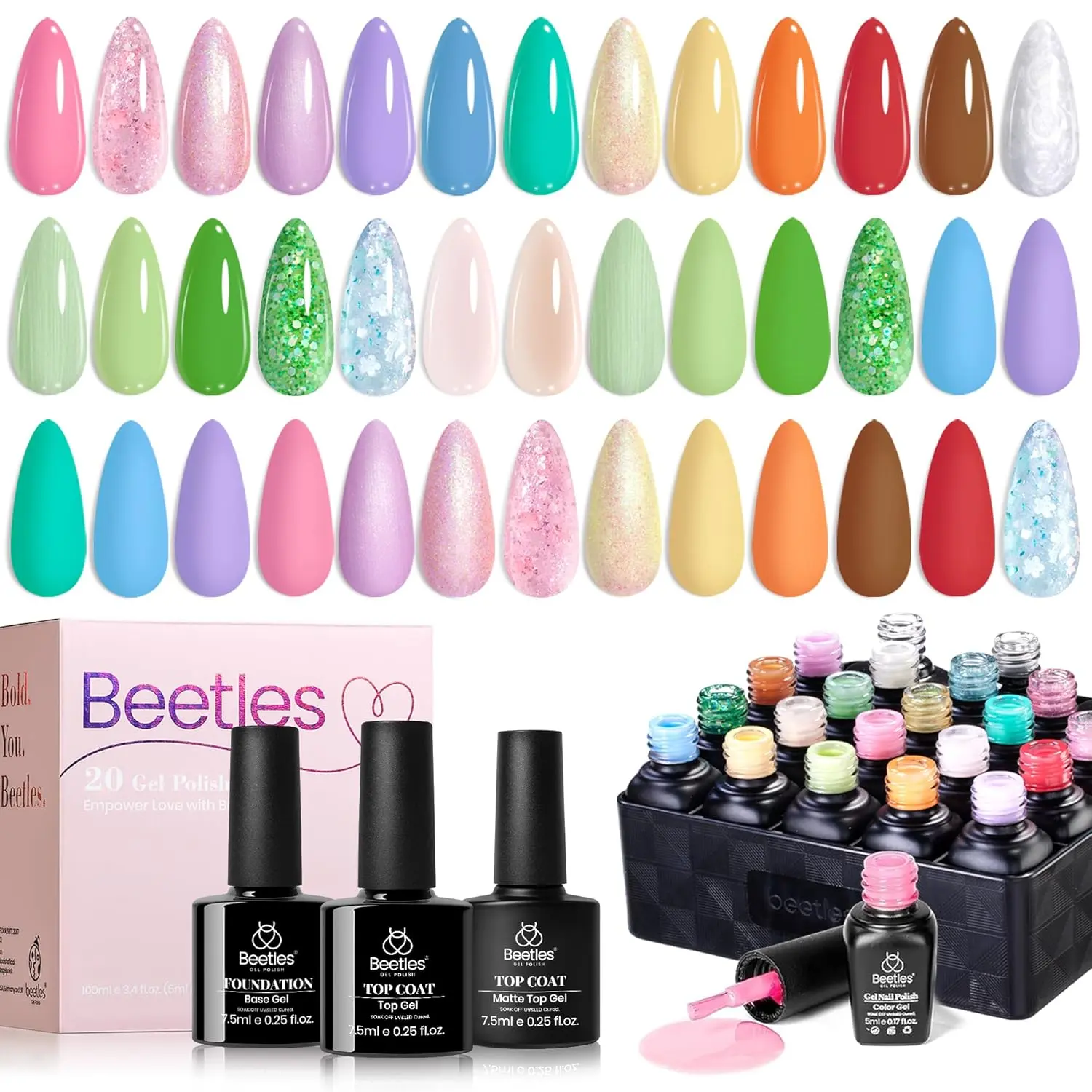 beetles Gel Polish Set, 20 Spring Summer Pastel Colors, Long Wearing Nail Art Manicure Kit with Glossy & Matte Top Coat and Pearl Shades, Gift for Women, Flawless, Embrace Nature (20 Colors Set), Uv, Nail Polish