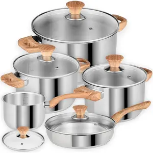 Oslo 10- Stainless Steel Cookware Set with Glass , Includes Saucepan and Frying Pan with Lid, Tri-Ply Bases for Even Heating, Induction Compatible, Dishwasher Safe, Bakelite Handles