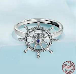 Platinum 925 Sterling Silver Vintage Ship Rotation Rudder Adjustable Ring (Size 7-9)