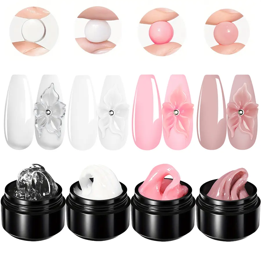 4 pcs 10 ml Non-Stick Hand Solid Extension Nail Gel Set, Gel Nail Art, Extend Gel For Gel X Nails, Clear Nude Extension Gel and Rhinestone Glue Gel, DIY Manicure, Nail Care Kit