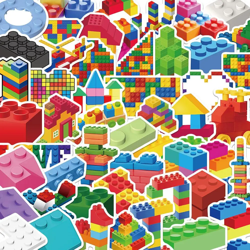 Colorful Building Blocks Sticker, 50pcs/set Creative Building Blocks Pattern Sticker, DIY Decorative Sticker for Stationery & Computer & Water Bottle, Sticker Packs