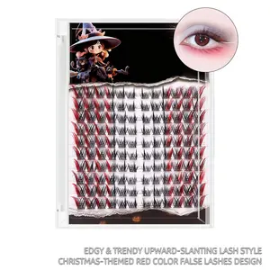 Glue-type 120-cluster slanted flying colored false eyelashes, Eyelash Clusters Extensions, fox eyes, New Year red, Christmas makeup, charming C-curl segmented style, suitable for beginners to graft, reusable, thick, eye tail lengthening, natural fox-like