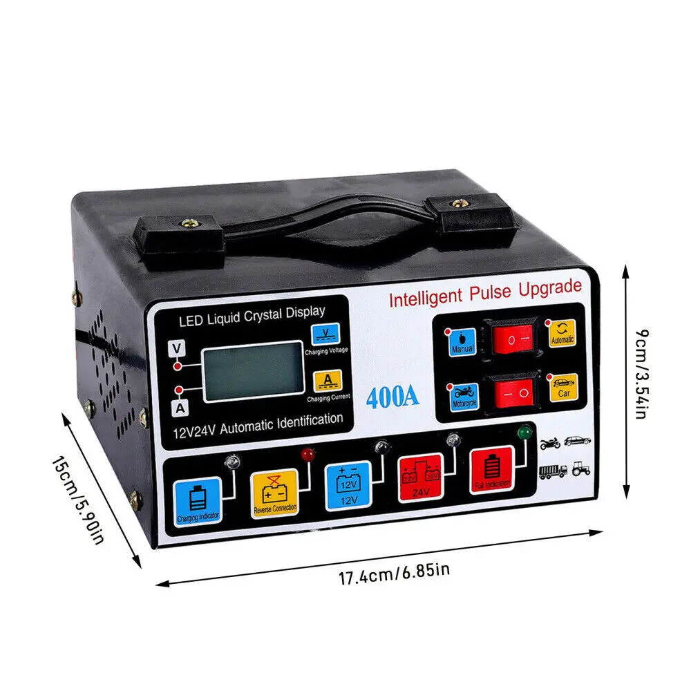Automotive Vehicle Battery Charger, 400A Power, 12V-24V, Intelligent Mode, Heavy-Duty Smart Automatic Pulse Repair Trickle Charger for Batteries