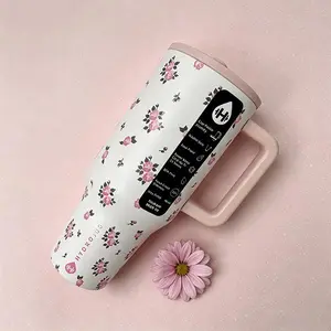 HydroJug 40oz Pink Flower with Handle Insulated Cup 24-Hour Cold Retention Stainless Steel Travel Mug Leak-Proof BPA Free Fits Cup Holder Iced Coffee Car Office Drinking Water Bottle outdoorfun