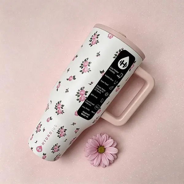 HydroJug 40oz Pink Flower Insulated Stainless Steel Travel Mug with Handle, Portable, 24-Hour Cold Retention, Leak-Proof, BPA-Free, Cup Holder-Fit, Iced Coffee & Hydration Tumbler for Car & Office