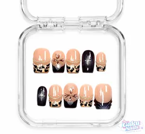 GakuNails LEOPARD BLOOM 10 PCS Short Square Handmade Press On 3D Flower French Tip Builder Gel selectable size Reusable Nails