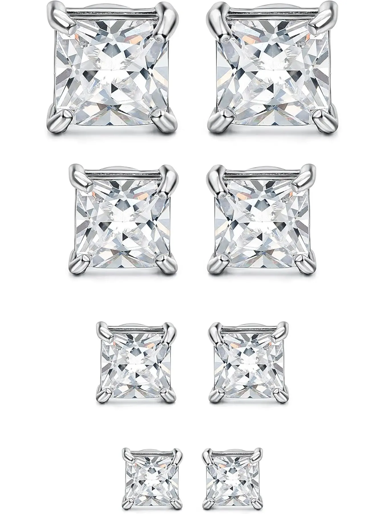 4-7mm Magnetic Earrings for Men Women, Silver Color, Sparkling Ear Jewelry, Square Cubic Zirconia Stud Earrings, Hypoallergenic Stainless Steel，Acupressure Patch