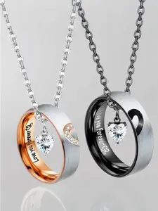 Couple ring set, stainless steel pendant necklace with unisex commitment rings, romantic anniversary and Valentine's Day jewelry gift, Engraved Ring Necklace