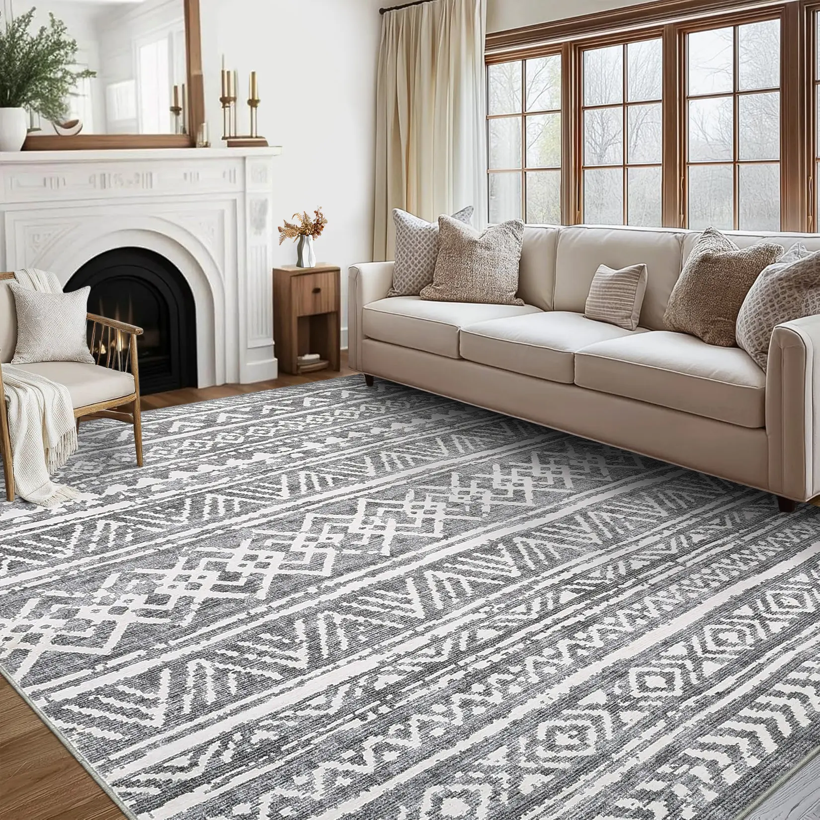 Washable Geometric Print Rug, Bohemian Style Soft Non-Slip Ultra-Thin Foldable Area Rug for Restaurant, Office, Bedroom, Laundry Room and Hallway carpet