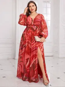 【Plus Size】 Random Marble Print Chiffon Dress, Elegant Classy Flattering Deep V Neck Bishop Sleeve Dress for Party Holiday Wedding Guest, Women's Clothes for All Seasons, Womenswear