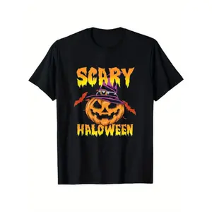 [100% Cotton] Men's Graphic TeesMen's Halloween T-Shirt - Scary Jack-O'-Lantern & Halloween Text - Black With Orange Design - Regular Fit Short Sleeve Costume Party Shirt - Machine Washable Spooky Apparel For Haunted H  Golf Gift T-Shirt For Men and Women