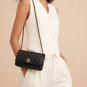 Pre-owned CHANEL Lambskin Wallet On Chain WOC Trendy Quilted CC Black Soft Luxurious Feel Trendy Stylish Design