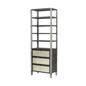 HomeRoots 611031 32 in. Dark Brown Solid Wood & Mirrored Glass Four Tier Bookcase with Three Drawers