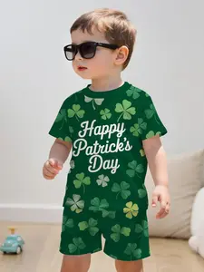 Saint Patrick's Day Happy Patrick's Day Print Set, Full Clover Pattern, Boys' Holiday Atmosphere Suit, Birthday Gift, Casual Loose-Fitting Shorts