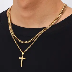 2 Pcs Cross Necklace Chain for Men and Women, Layered Mens Cross Necklaces Stainless Steel Pendant Cuban Link Rope Chain 18-24 Inch