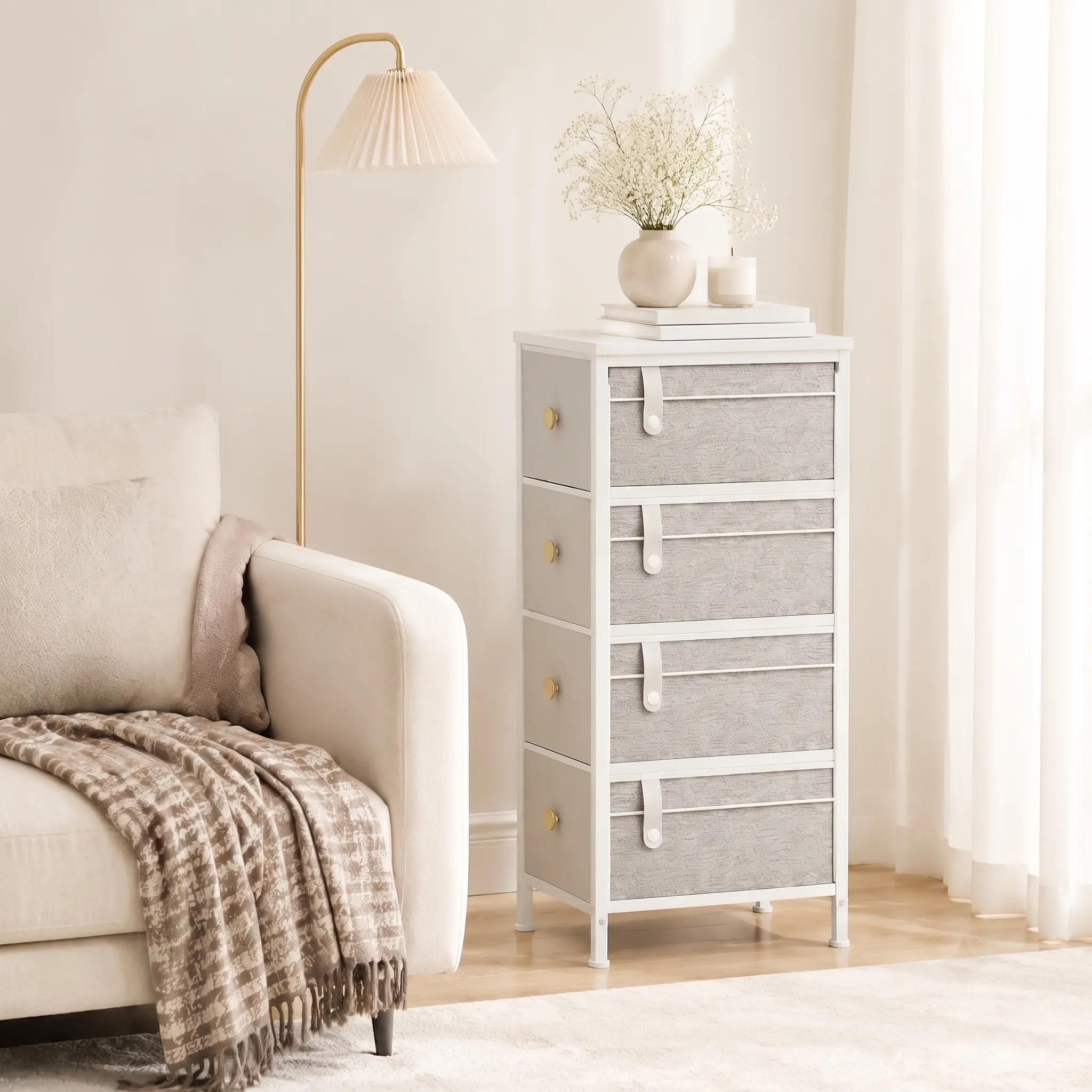 Narrow Slim Fabric Drawer Dresser - 4 Drawers, Vertical Storage Tower with Wooden Top, Sturdy Frame, Adjustable Shelves, Faux Leather Skinny Cabinet for Small Spaces Bedroom, Bathroom shelves bookshelf shelves for bedroom nightstand cupboard
