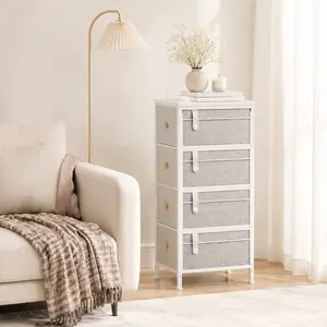 Narrow Slim Fabric Drawer Dresser - 4 Drawers, Vertical Storage Tower with Wooden Top, Sturdy Frame, Adjustable Shelves, Faux Leather Skinny Cabinet for Small Spaces Bedroom, Bathroom shelves bookshelf shelves for bedroom nightstand cupboard