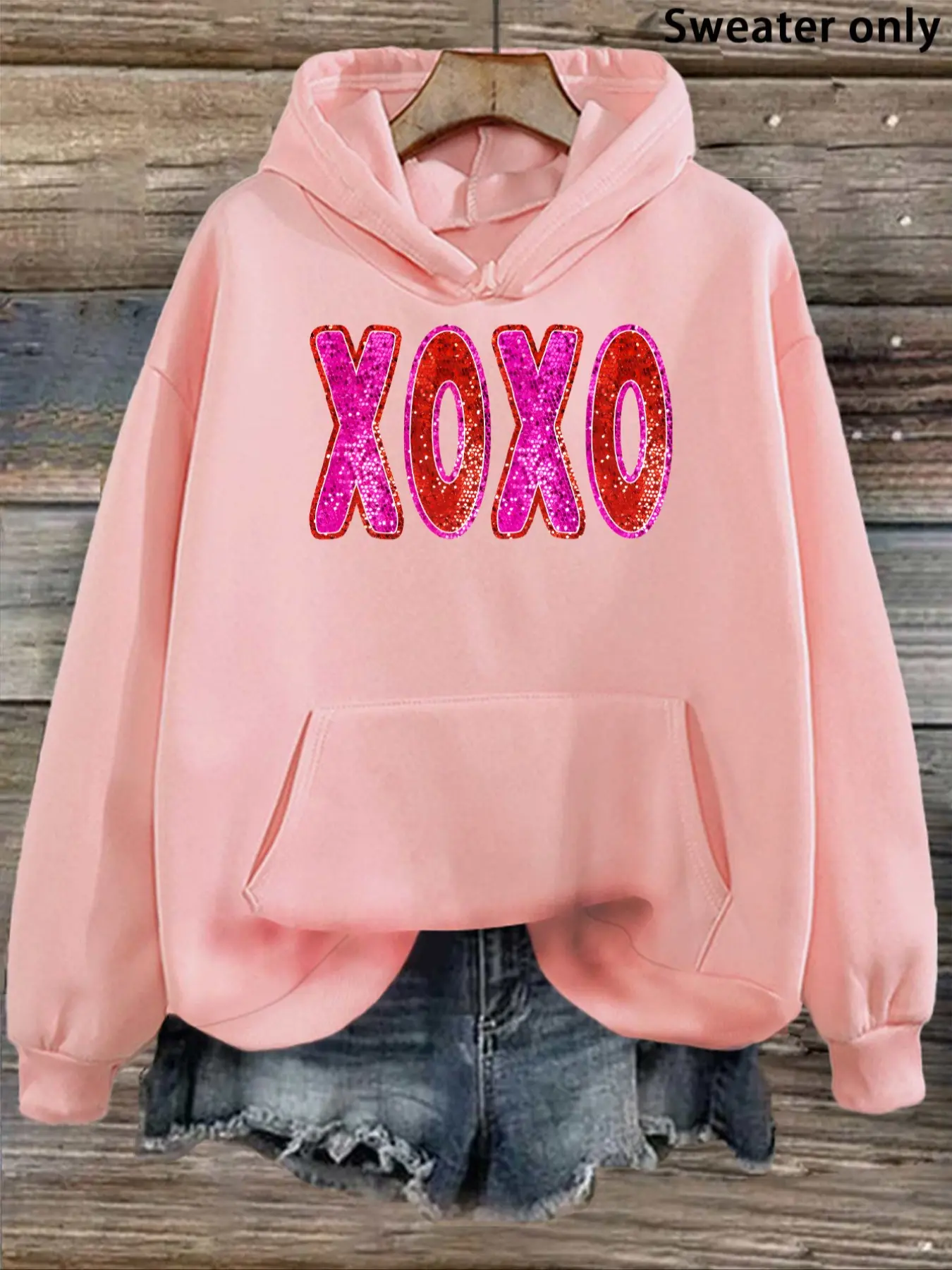 Shiny Letter Drawstring Hoodie, Xoxo Graphic with Sequins, Soft and Fitted, Casual Fall & Winter Wear, Trendy Women's Clothing