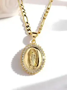 Golden Plated Elegant Virgin of Guadalupe Pendant Necklace with Durable Cubic Zirconia for Daily Wear Parties and Special Occasions Cuban Link Chain Bling Necklace