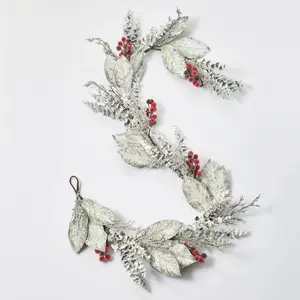 Snow Covered Magnolia Leaf & Eucalyptus with Sugar Berry Iced Seed Pods Christmas Garland Holiday Table Runner