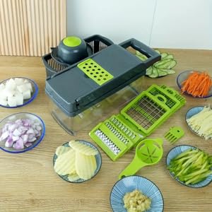 Grey 16-Piece Multi-Blade Fruit & Vegetable Chopper Set - Rust-Proof Kitchen Essential Cutter with 7 Diversified Blades, Container, Handheld Spiralizer, Mandoline for Salad, Carrot, Potato, 16-Pieces, Compact