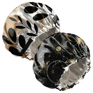 2 PCS Bonnets for n Girls Satin Hair Bonnet Silk Adjustable Elastic Double Layer Hair Wrap Sleep Cap Comfort Cute-Sun Moon Leaf