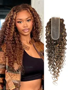 Honey Blonde 2x6/4x4 HD Lace Closure Only Deep Wave, 12A 100% Human Hair Curly 13x4 Frontal Transparent Lace Free Parting Full Lace #P4/27 Highlight Balayage Ombre Brown Kim K 10-20 Inch Optional