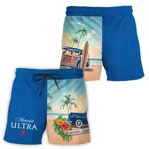 Michelob Ultra Superior Light Vintage Beach Scene Hawaiian Shorts Men Women Blue Retro Woody Car Surfboard Palm Tree Swim Trunks Summer Casual Festival Board Shorts