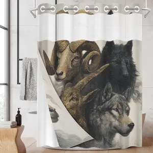 1pc hookless shower curtain with snap fastener, 2D flat printing of animal head illustrations, fabric waterproof inner lining, shower curtain with transparent window and double-layer design, 71 x 74 inches, modern home curtain decoration